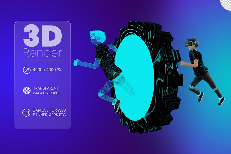 PSD man character with time machine on virtual reality device metaverse 3d illustration