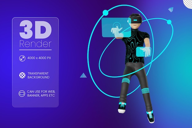 Personaggio dell'uomo con l'illustrazione 3d del metaverse del dispositivo di realtà virtuale