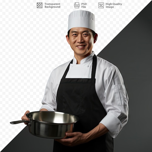 A man in a chef's hat is holding a pan of pans.