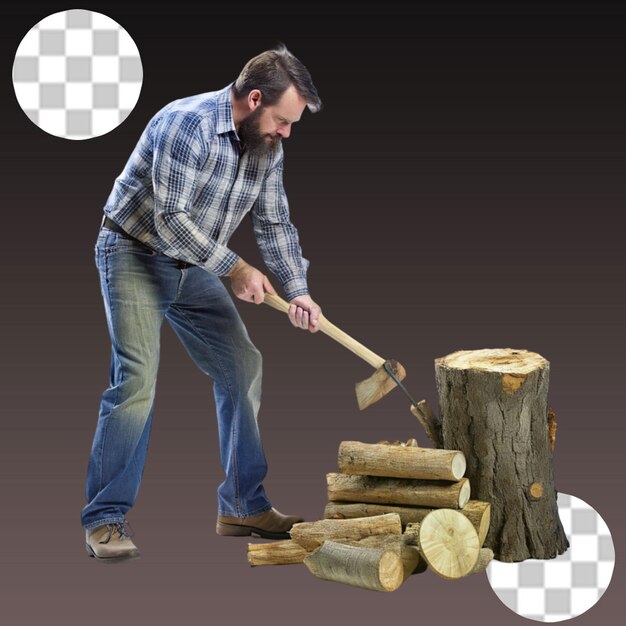 PSD man chopping some wood on transparent background