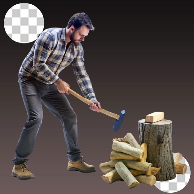 PSD man chopping some wood on transparent background