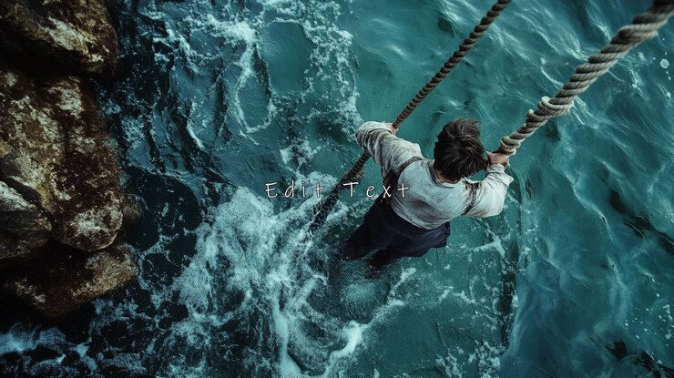 PSD man climbing rope ladder from sea