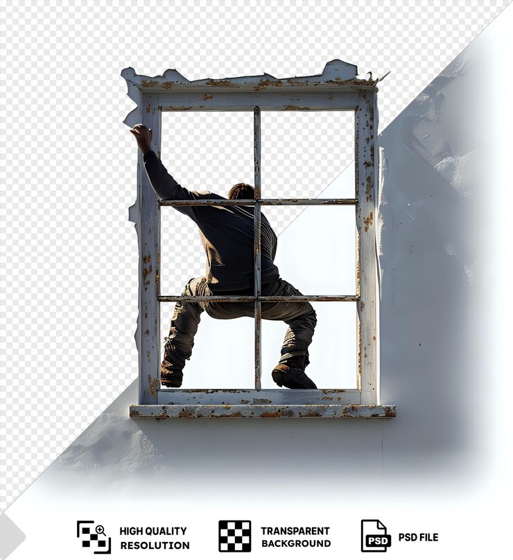 PSD man climbing through broken window