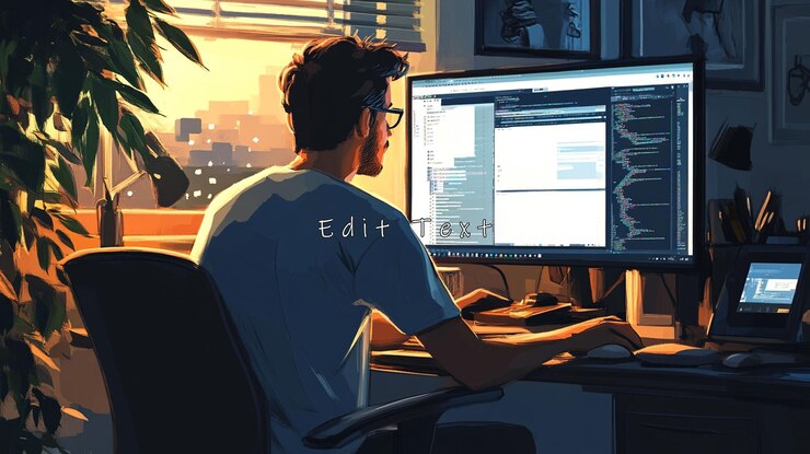 PSD man coding at desk sunset view