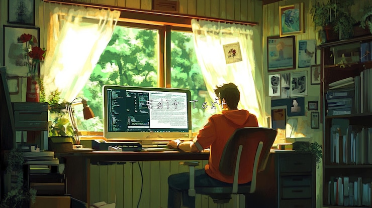 PSD man coding at desk near sunny window