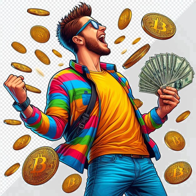 Un uomo in un abito casuale colorato sta celebrando il denaro e i bitcoin su uno sfondo trasparente