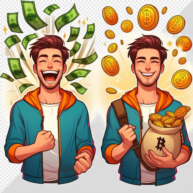 PSD a man in a colorful casual outfit is celebrating the money and bitcoins on transparent background
