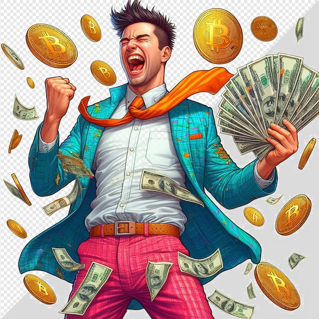 PSD a man in a colorful casual outfit is celebrating the money and bitcoins on transparent background