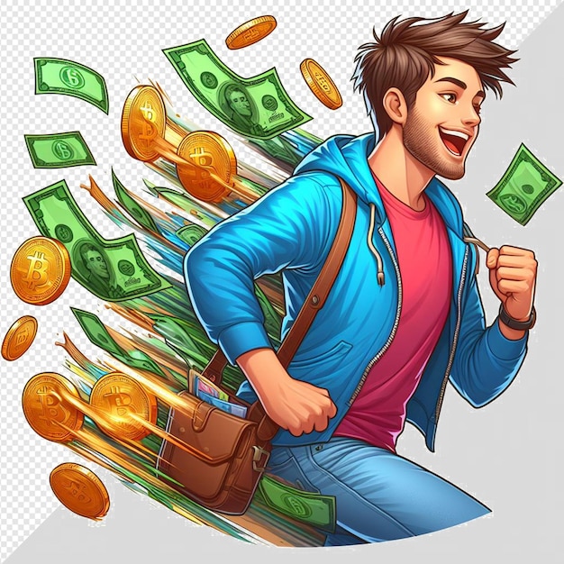 PSD a man in a colorful casual outfit is celebrating the money and bitcoins on transparent background
