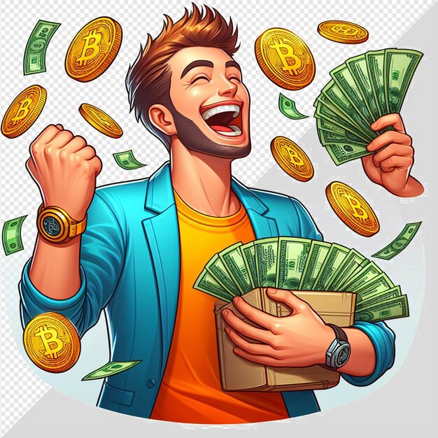 Un uomo in un abito casuale colorato sta celebrando il denaro e i bitcoin su uno sfondo trasparente
