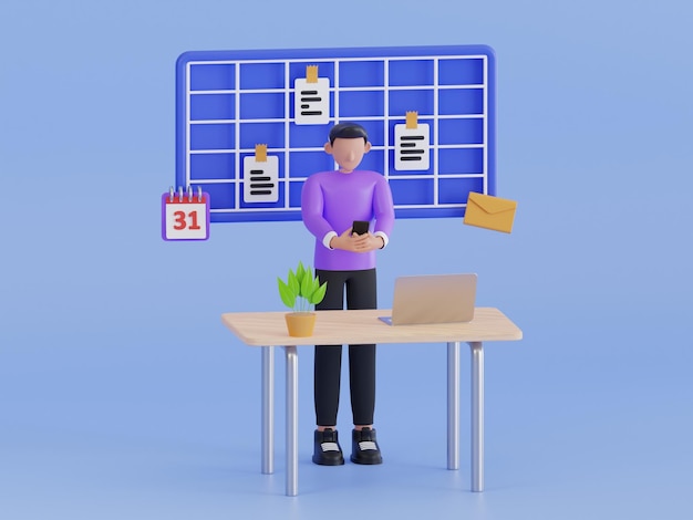 Man controleert zijn vergaderschema 3D illustratie man gebruikte haar telefoon om aantekeningen te maken in de agenda