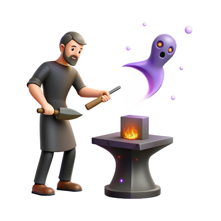 PSD a man cooking a hot coal with a purple ghost on it