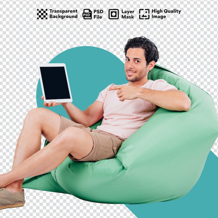 PSD man couch presenting tablet taransparent psd
