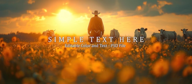 PSD un uomo con un cappello da cowboy in piedi nel campo al tramonto