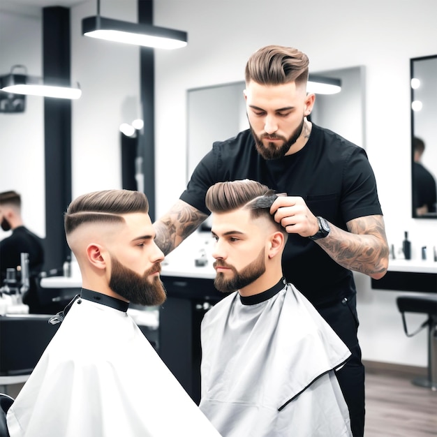 The man cuts his beard in the barbershop