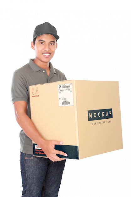 man delivery service with mockup package isolated on white