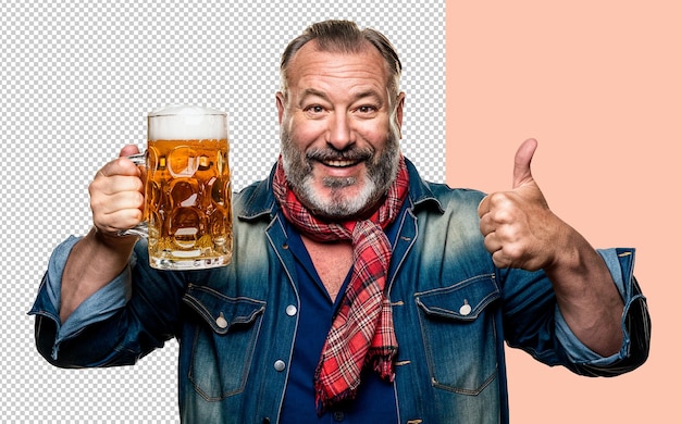 Un uomo con una giacca di denim che tiene una birra e una tazza di birra con i pollici in alto oktoberfest