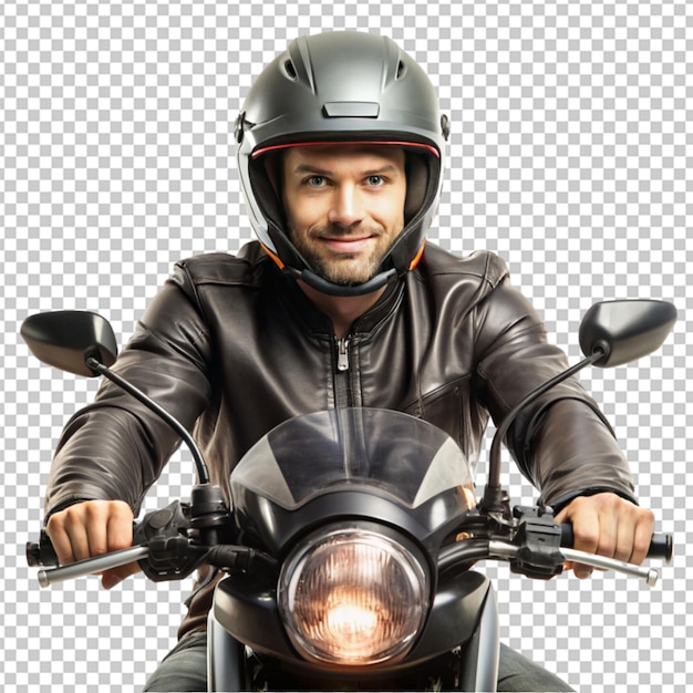 PSD man die een helm draagt en een motorfiets rijdt op een transparante achtergrond