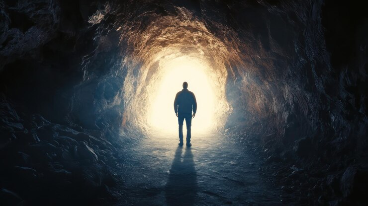 PSD man die in een grot naar het licht loopt