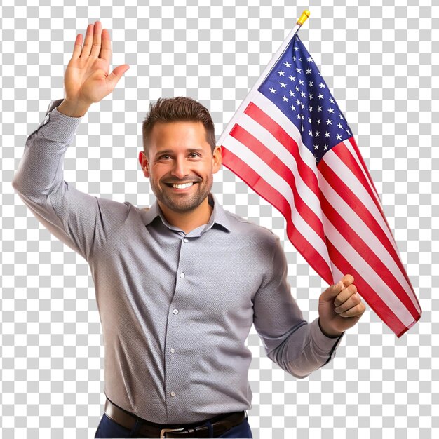 PSD man die trots de amerikaanse vlag vasthoudt geïsoleerd op een doorzichtige achtergrond