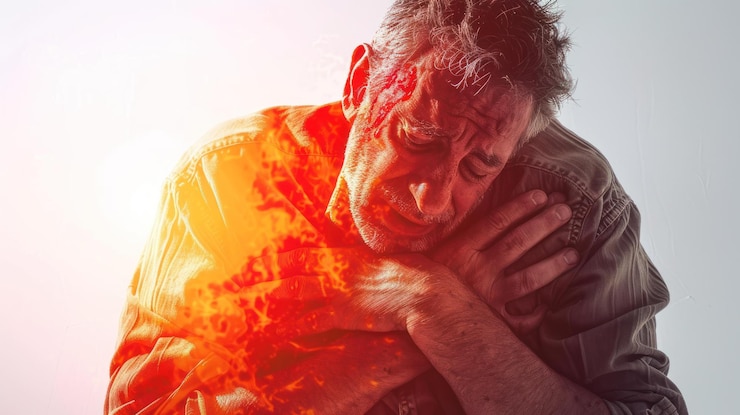 PSD man die zich in pijn vastklampt aan de borst en lijdt aan intense hitte of een brandend gevoel