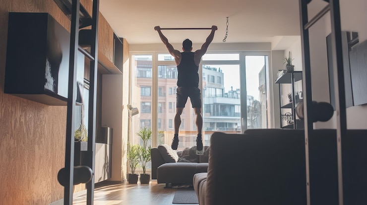 PSD man doing pullups at home in a sunny apartment