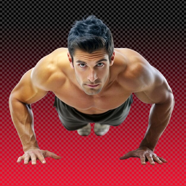 PSD man doing push ups on transparent background