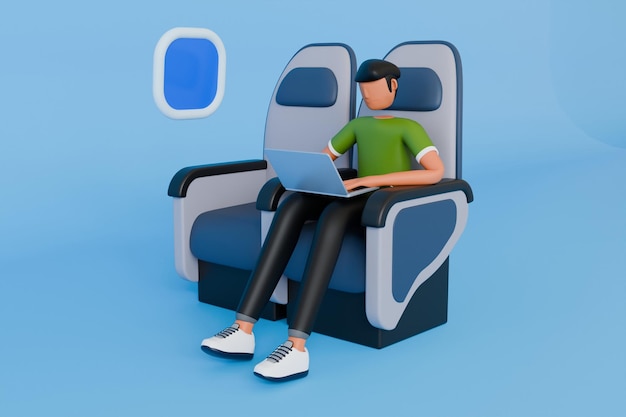 Man doing remote working from air plane 3d illustration