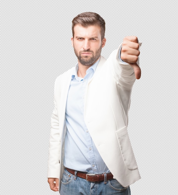 Man doing thumbs down gesture