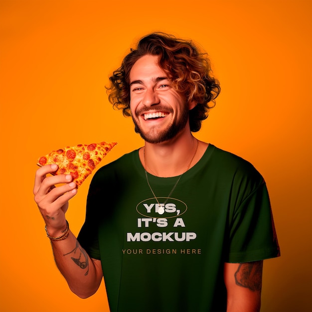 PSD man eating pizza t shirt mockup