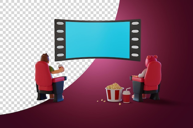 Man en vrouw kijken naar film en een scherm dat een filmrol is 3D Render-illustratie