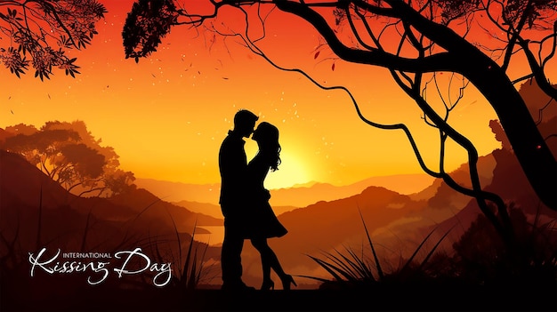 PSD man en vrouw verliefd op de natuur silhouet romantisch paar onder een boom kiss day banner