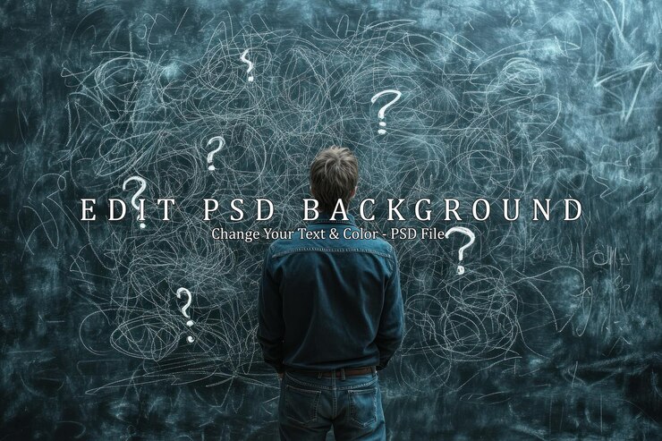 PSD man facing question marks
