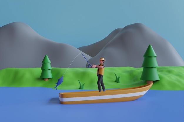 A man fishing in a boat with mountains in the background