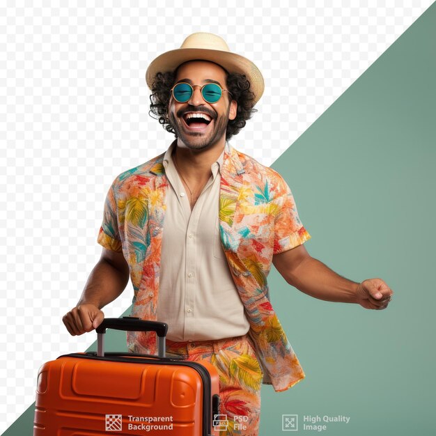 A man in a flowered shirt is carrying a red suitcase.