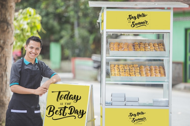 PSD man food stall seller with blank mockup