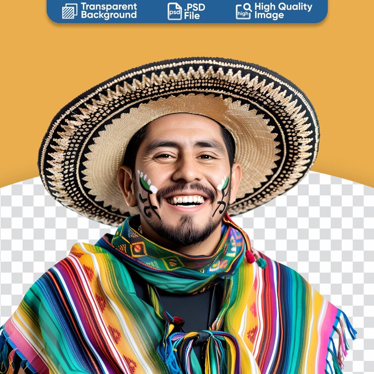 PSD man from mexico happy in his sombrero and traditional clothes commemorating cinco de mayo