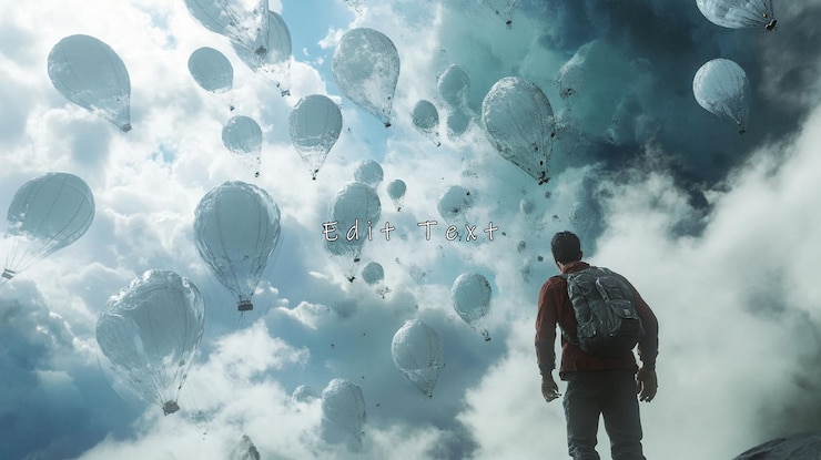 PSD man gazing at numerous hot air balloons soaring through dramatic clouds