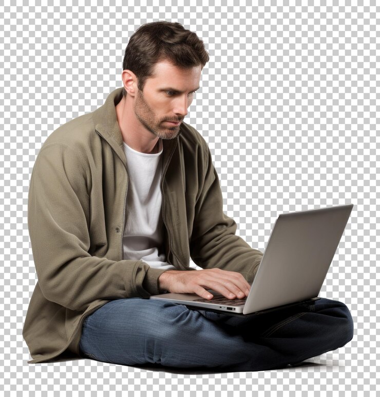 PSD man gekruiste benen met behulp van laptop geïsoleerd op transparante achtergrond