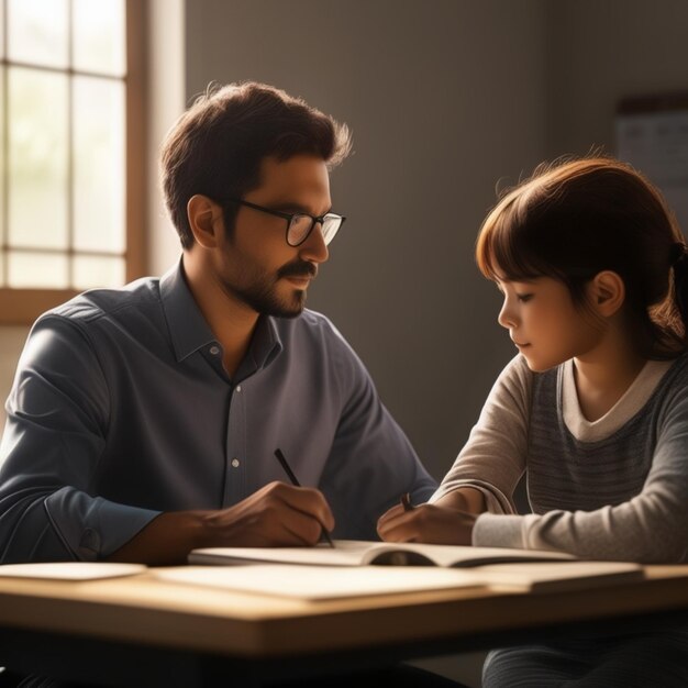 PSD a man and a girl are writing in a notebook