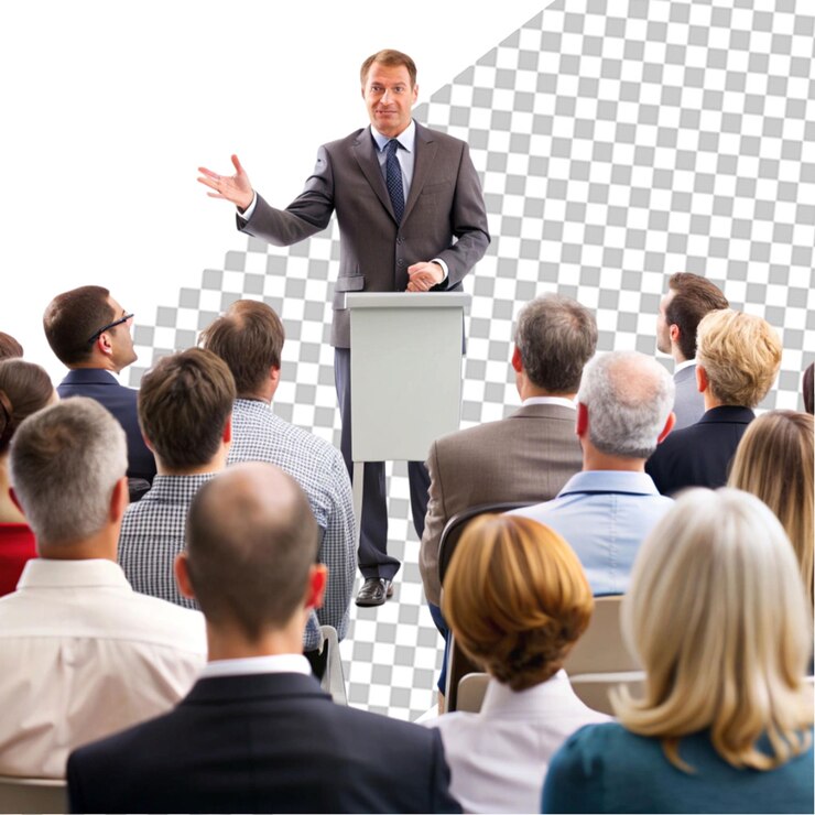 PSD a man giving a presentation in front of a large screen