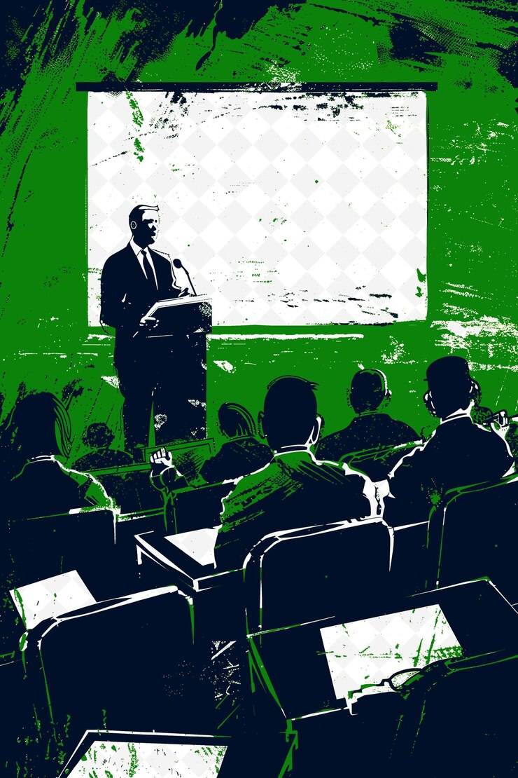 PSD a man giving a speech in front of a large screen with a man giving a speech