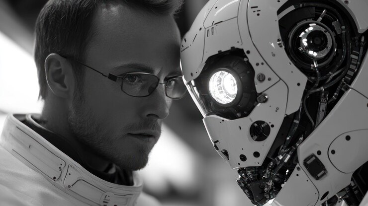 PSD a man in glasses stares intently at a robot with a glowing eye the mans face shows a mixture of awe and apprehension