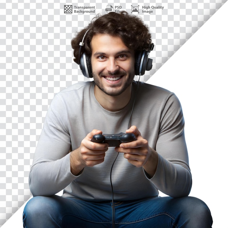 PSD man glimlacht tijdens het spelen van een videospel met koptelefoon
