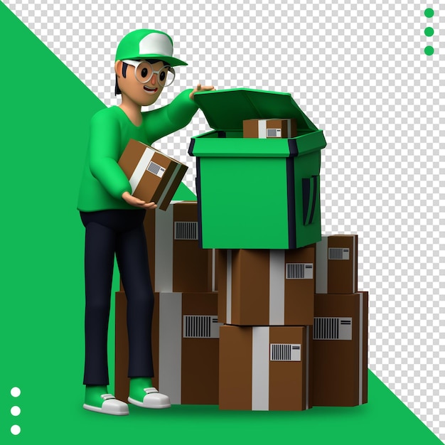 A man in a green hat is holding a box with the letter h on it.