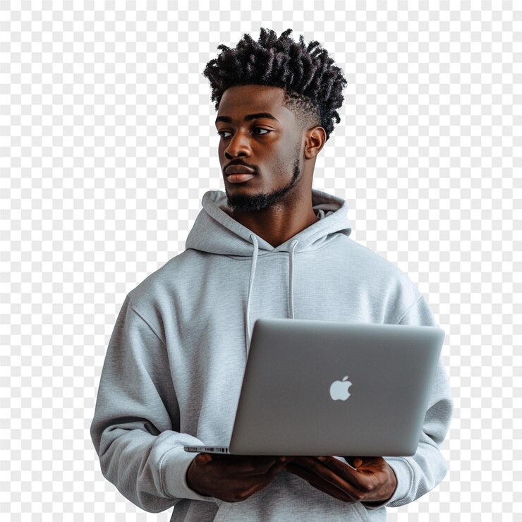 PSD a man in a grey hoodie with a apple laptop on his chest
