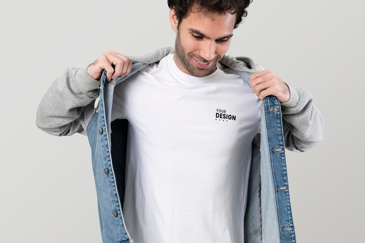PSD man in a half denim hoodie jacket mockup