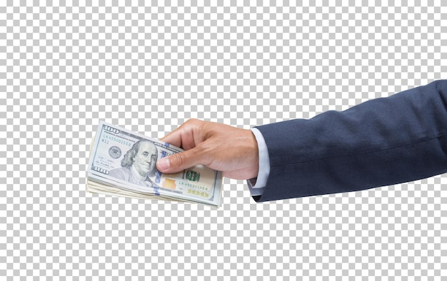 PSD Рука человека, держащая 100-долларовую банкноту, изолирована