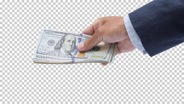 Man hand holding 100 dollar banknote isolated