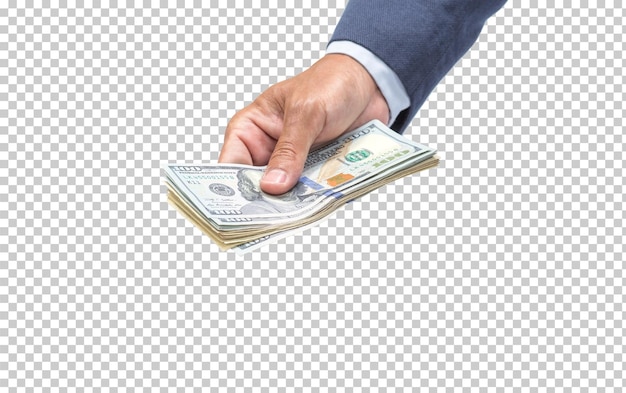 Рука человека, держащая 100-долларовую банкноту, изолирована